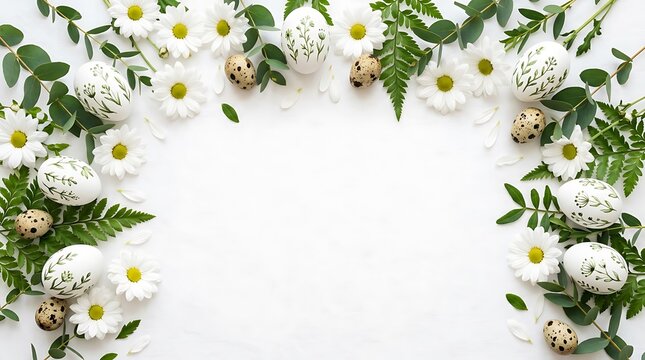 Beautiful Easter composition with painted eggs and white daisies arranged as frame on wooden background