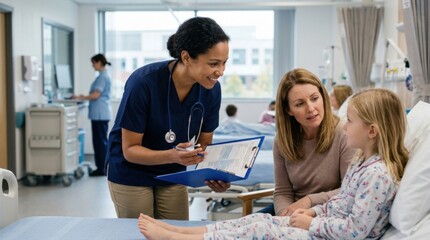 Fototapeta premium Caring nurse discusses treatment plan with young patient and her mother in hospital room