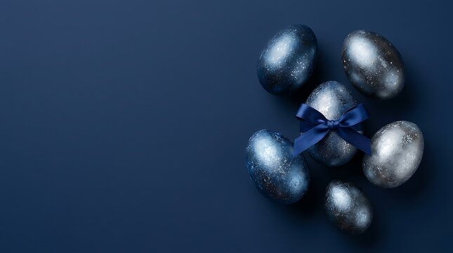 Elegant metallic blue Easter eggs decorated with ribbons arranged creatively against a dark background