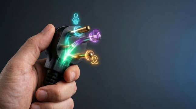 Multi-factor authentication illustrated through three-prong electrical plug held by human hand with hologram elements