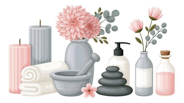 Spa concept set with pink flowers, candles, massage stones and lotion bottles isolated on white background, wellness vector art