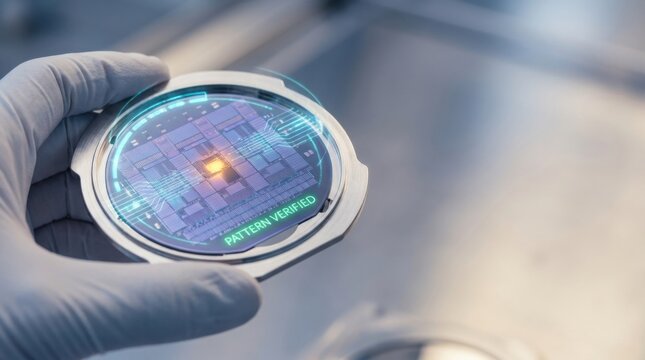 Hand inspecting silicon wafer in clean precision handling frame for semiconductor manufacturing visualization