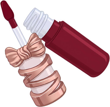 Red lip tint liquid lipstick bottle with applicator wand and rose gold ribbon detail vector illustration isolated on black background