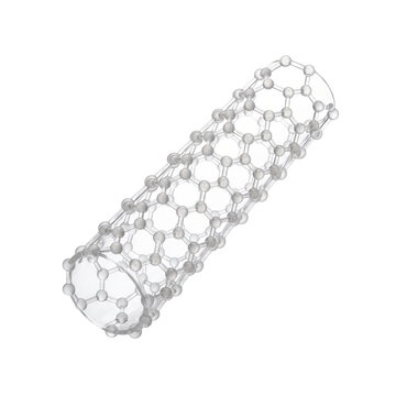 3D Render of a Carbon Nanotube Molecular Structure Featuring a Translucent Hexagonal Lattice Cylinder Symbolizing Nanotechnology and Advanced Engineering on a White Background
