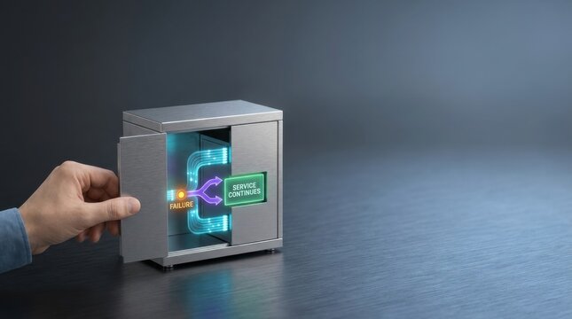 A hand holding a metal cube with a green and blue to represent business continuity and data solutions