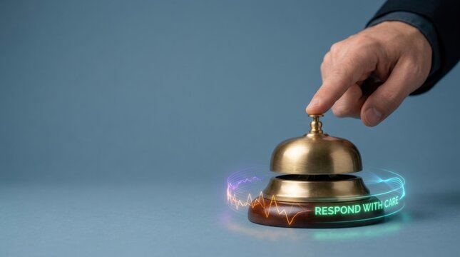 Individual holding a bell representing customer sentiment analysis at a miniature service bell on a neutral base