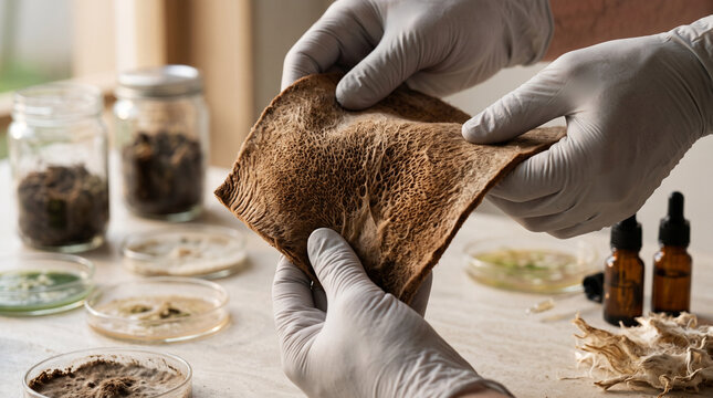 Macro close-up shot of an artisan researcher's hands gently flexing a textured sheet of sustainable mushroom mycelium bio-leather.