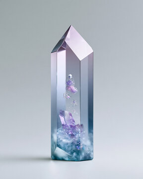 A large multifaceted crystal containing miniature interconnected topic clusters, tiny geometric structures suspended inside, photorealistic 3D materials, pale lavender and icy blue reflections, clean