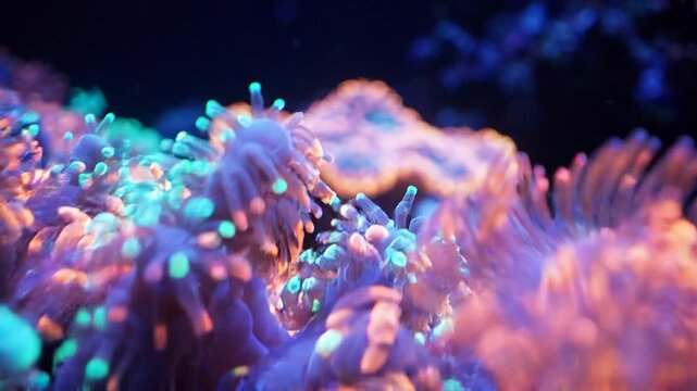 Vibrant fluorescent coral reef ecosystem underwater macro cinematic close-up marine