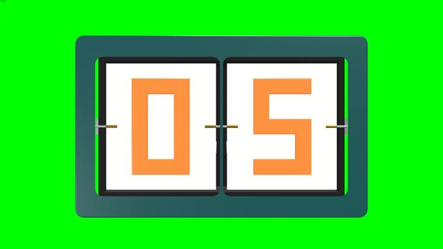 Premium 3D vintage mechanical countdown board flipping from 10 to 00 with colorful teal, cream, orange, brass and steel components isolated on a pure green screen background.
