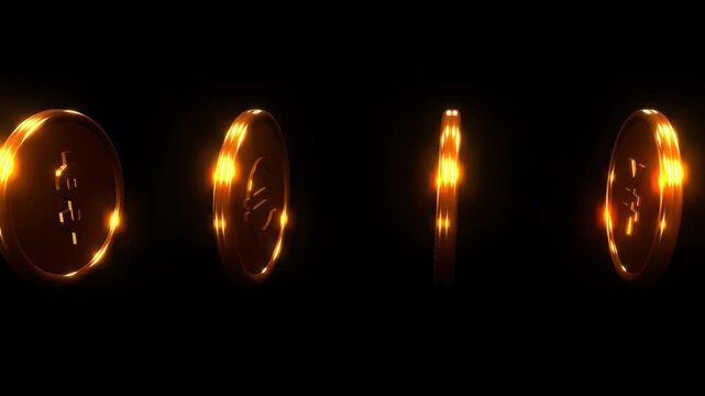 Cinematic high-detail 3D animation of 4 premium gold coins (USD, EUR, GBP, JPY) spinning continuously side-by-side. Features completely flawless, geometric symbols on a solid black background.