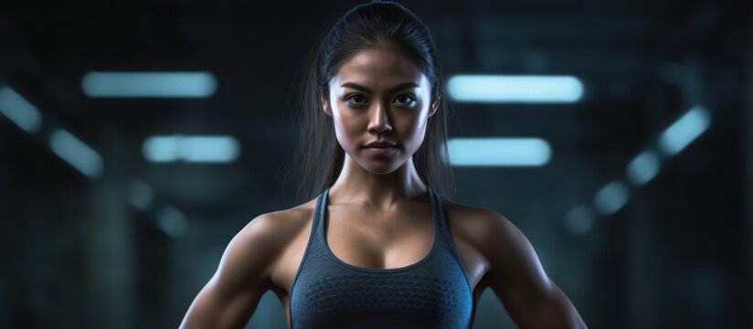 Strong and Determined Woman Posing in a Gym Setting with Focused Expression.