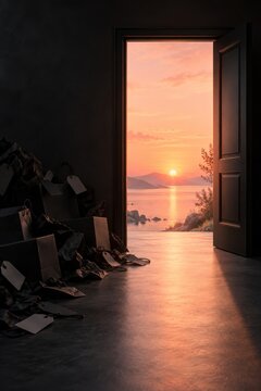 Pile of Shopping Bags Leading to Open Door and Peaceful Sunset