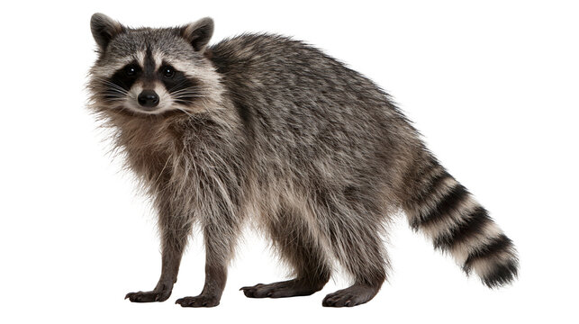 Full body side view of a fluffy North American raccoon with a striped tail