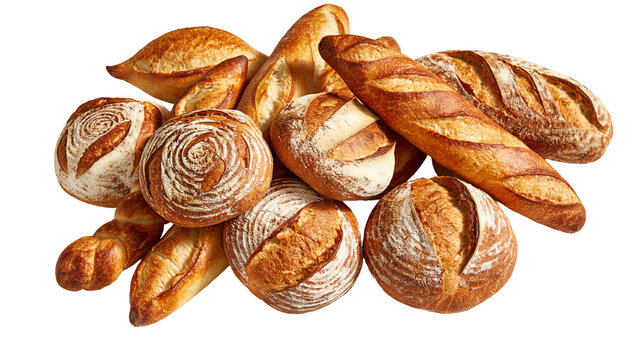Assorted rustic artisanal sourdough loaves and crispy golden baguettes pile
