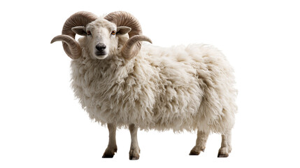Large fluffy white ram with curved horns standing in profile © Ari