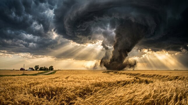 Massive tornado forming from dark storm clouds over a golden wheat field with sunlight breaking through the sky, dramatic severe weather and natural disaster concept
