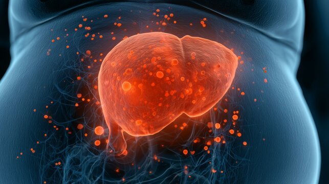 Obese man with fatty liver shown in 3D illustration for non-alcoholic fatty liver disease awareness