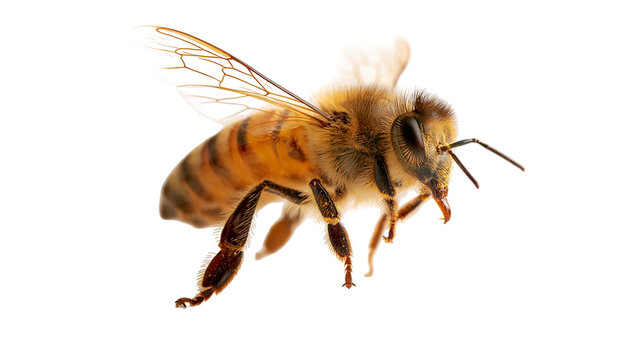 Macro close up of a honey bee in flight with detailed wings and fuzzy body