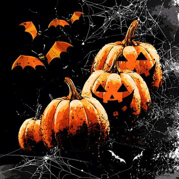 Pumpkins with bats on a black background, Halloween party concept.