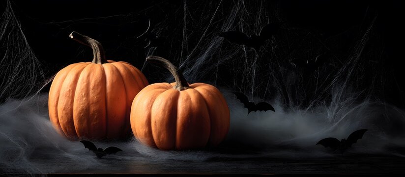 Pumpkins with bats on a black background, Halloween party concept.