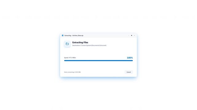 Clean 2D Windows 11 style UI motion graphics showing a floating acrylic task window extracting archive files with a blue progress bar and blue shadow glows, transitioning to a green success completion