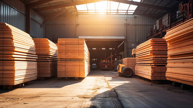 Large stacks of sawn timber boards stored inside a spacious industrial lumber warehouse facility