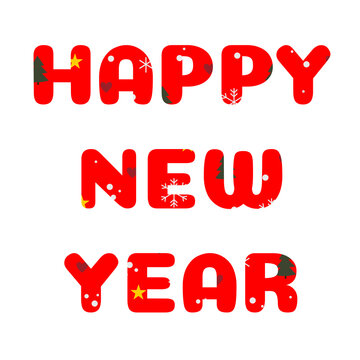 Red Christmas lettering Happy New Year decorated with green pine trees stars and snowflakes isolated on transparent or white background for banner
