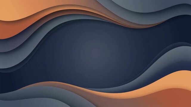 Abstract paper cut background with layered wavy shapes in dark blue, grey, and warm orange tones