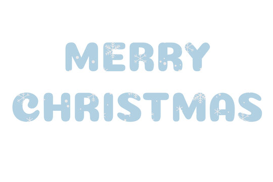 Blue winter lettering Merry Christmas filled with white snowflakes isolated on transparent or white background for greeting card design