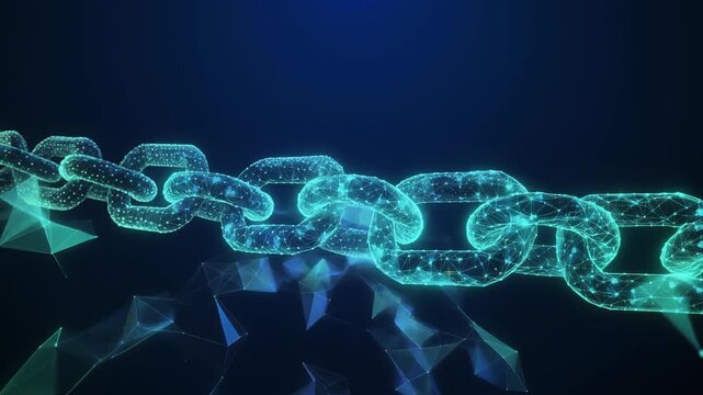 Glowing digital chain conceptual illustration representing cybersecurity and data safety in technology