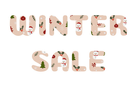 Beige lettering Winter Sale patterned with cute snowmen and ornaments isolated on transparent or white background for promotion design