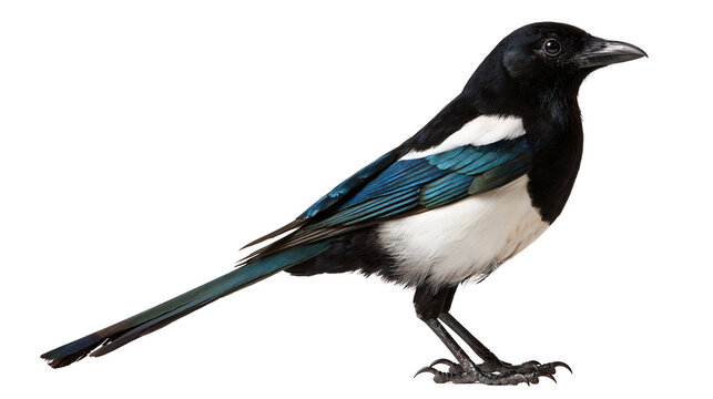 Eurasian magpie with black and white plumage and iridescent blue wing feathers