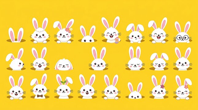 Cute white Easter bunnies with various facial expressions popping out of holes against solid yellow background vector illustration
