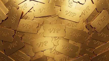 Obraz premium A pile of luxurious golden VIP tickets with a brushed metal texture, reflecting warm light for an exclusive and premium event concept.