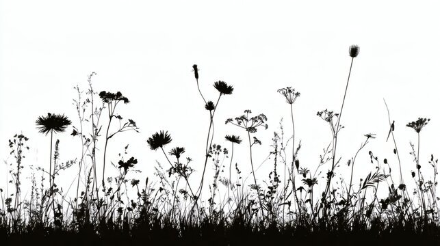 Black and white silhouette of wild meadow flowers and grasses rising against a bright empty sky, creating a delicate minimalist nature scene with space for text.
