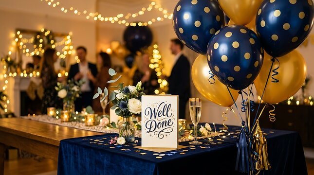 Elegant party table with balloons and handwritten well done sign