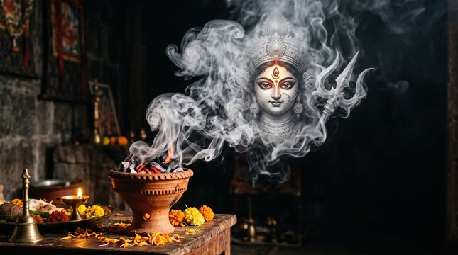 Goddess Durga photo with smoke manifestation above a ritual incense burner and trishula in a dimly lit temple interior