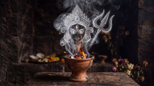 Goddess Durga face silhouette formed by incense smoke rising from a clay burner with trishula in a traditional ritual setting
