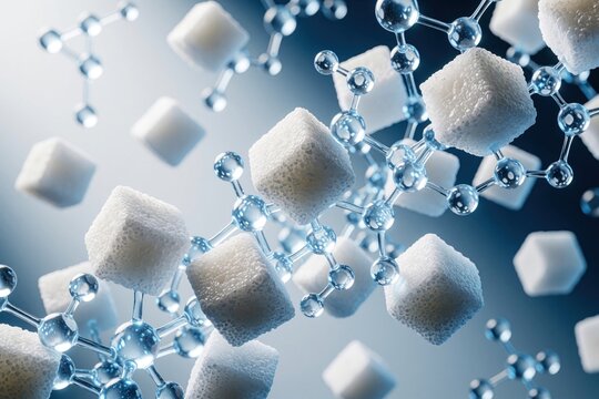 3D render of white sugar cubes mixed with blue molecular structures floating in space. Abstract concept of glucose metabolism, carbohydrate science, chemical nutrition. Scientific visualization
