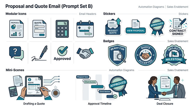 Business proposal and quote email vector icon set, sales enablement badges stickers and workflow mini scenes for corporate automation