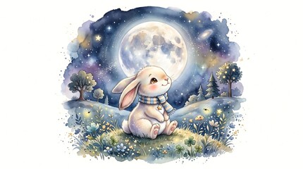Obraz premium Cute white bunny wearing a scarf sits under the full moon