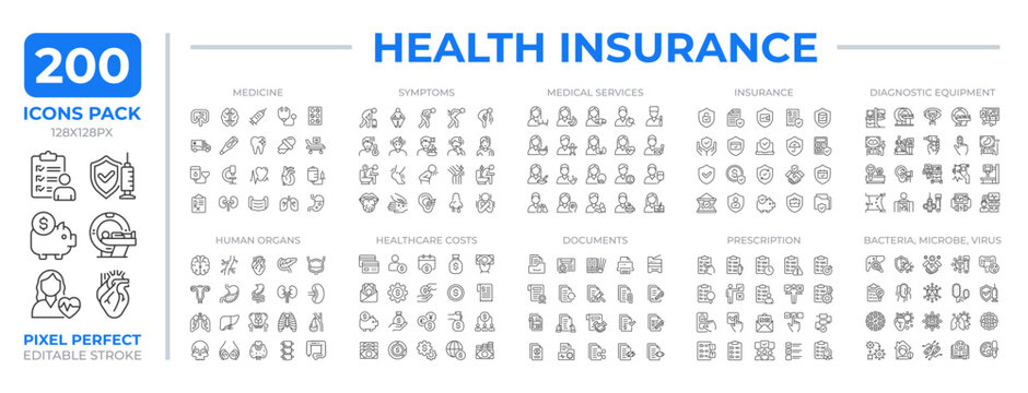 Health insurance line icons set collection. Coverage of medical expenses. Protection from accidents mega pack of linear pictograms, pixel perfect. Isolated vector illustrations. Editable stroke