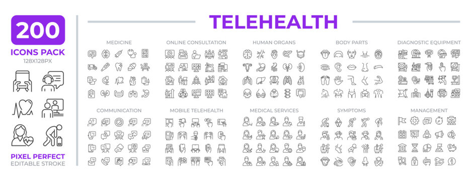 Telehealth line icons set collection. Remote doctor consultation. Online appointment with patient mega pack of linear pictograms, pixel perfect. Isolated vector illustrations. Editable stroke
