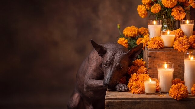 cultural rituals, a serene xoloitzcuintli rests beside a vibrant altar of marigolds and candles