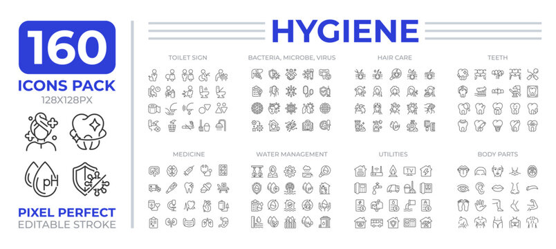 Hygiene line icons set collection. Health maintainance practices. Diseases spreading prevention mega pack of linear pictograms, pixel perfect. Isolated vector illustrations. Editable stroke
