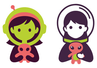 Fototapeta premium Female astronaut character holding small alien friend vector portrait.
