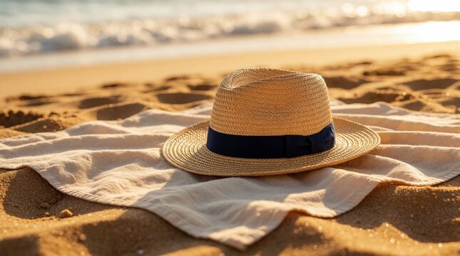 Straw hat with navy blue ribbon lies on beige linen towel on sandy beach. Summer vacation concept with warm sunlight at sunset. Tropical ocean waves in background create relaxing holiday mood.