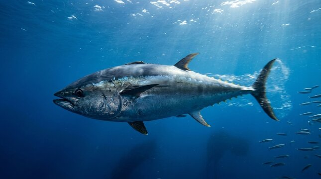 Majestic Large Tuna Swimming Gracefully Through Deep Blue Sea Underwater