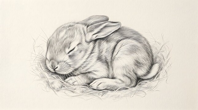 Realistic pencil drawing of a tiny bunny sleeping on a bed of straw